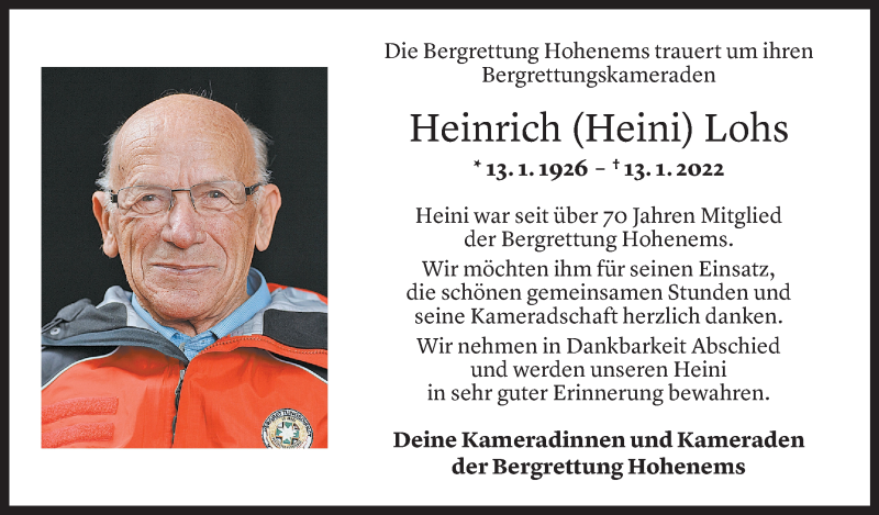  Todesanzeige für Heinrich Lohs vom 18.01.2022 aus Vorarlberger Nachrichten