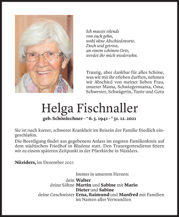 Todesanzeige von Helga Fischnaller von Vorarlberger Nachrichten