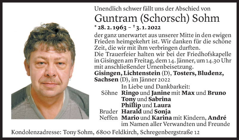  Todesanzeige für Guntram Sohm vom 11.01.2022 aus Vorarlberger Nachrichten