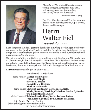 Todesanzeige von Walter Fiel von Vorarlberger Nachrichten