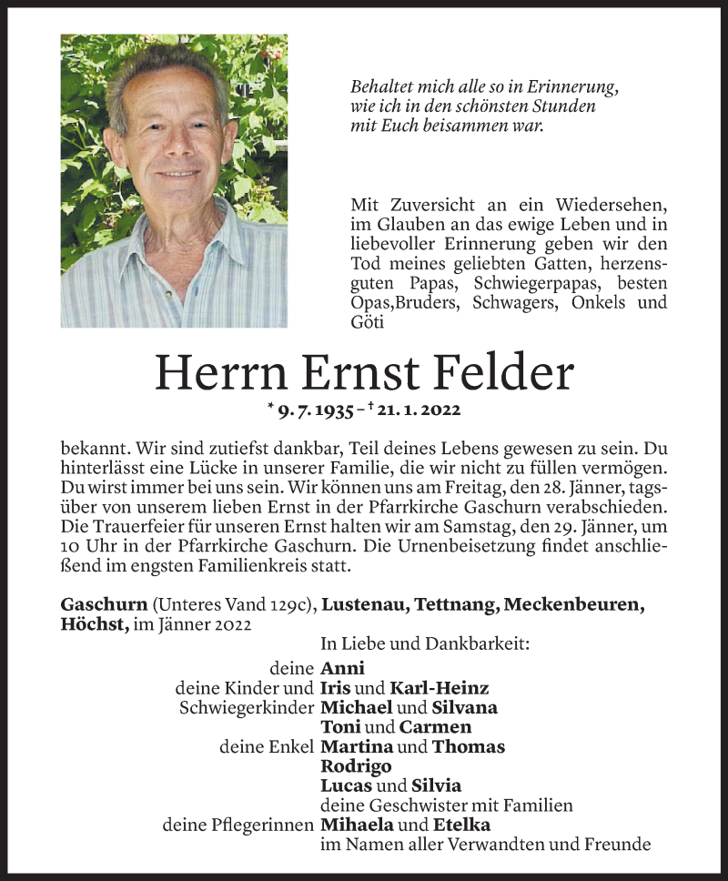  Todesanzeige für Ernst Felder vom 24.01.2022 aus Vorarlberger Nachrichten