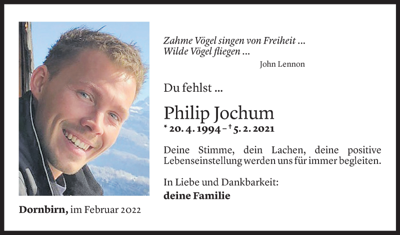  Todesanzeige für Philip Jochum vom 04.02.2022 aus Vorarlberger Nachrichten