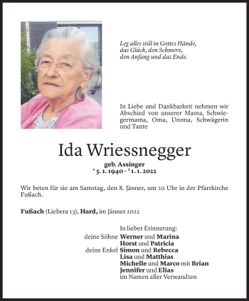 Todesanzeige von Ida Wriessnegger von Vorarlberger Nachrichten