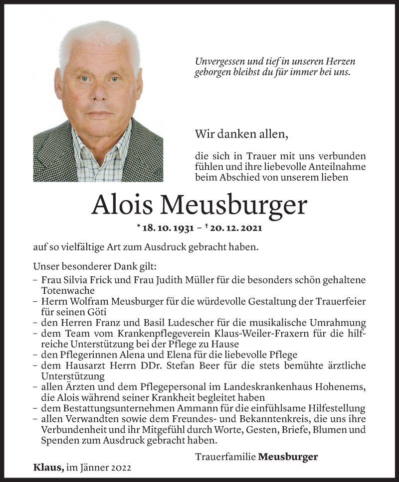  Todesanzeige für Alois Meusburger vom 29.01.2022 aus Vorarlberger Nachrichten