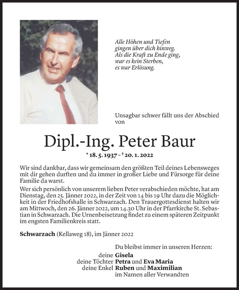  Todesanzeige für Dipl. Ing. Peter Baur vom 23.01.2022 aus Vorarlberger Nachrichten