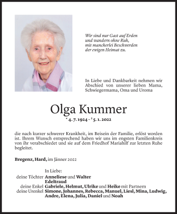 Todesanzeige von Olga Kummer von Vorarlberger Nachrichten