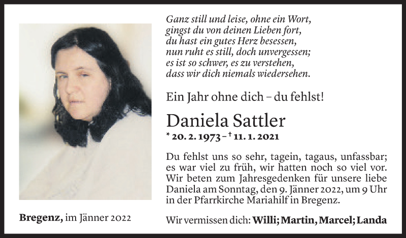  Todesanzeige für Daniela Sattler vom 07.01.2021 aus Vorarlberger Nachrichten