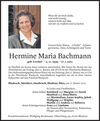 Todesanzeige von Hermine Maria Bachmann von Vorarlberger Nachrichten