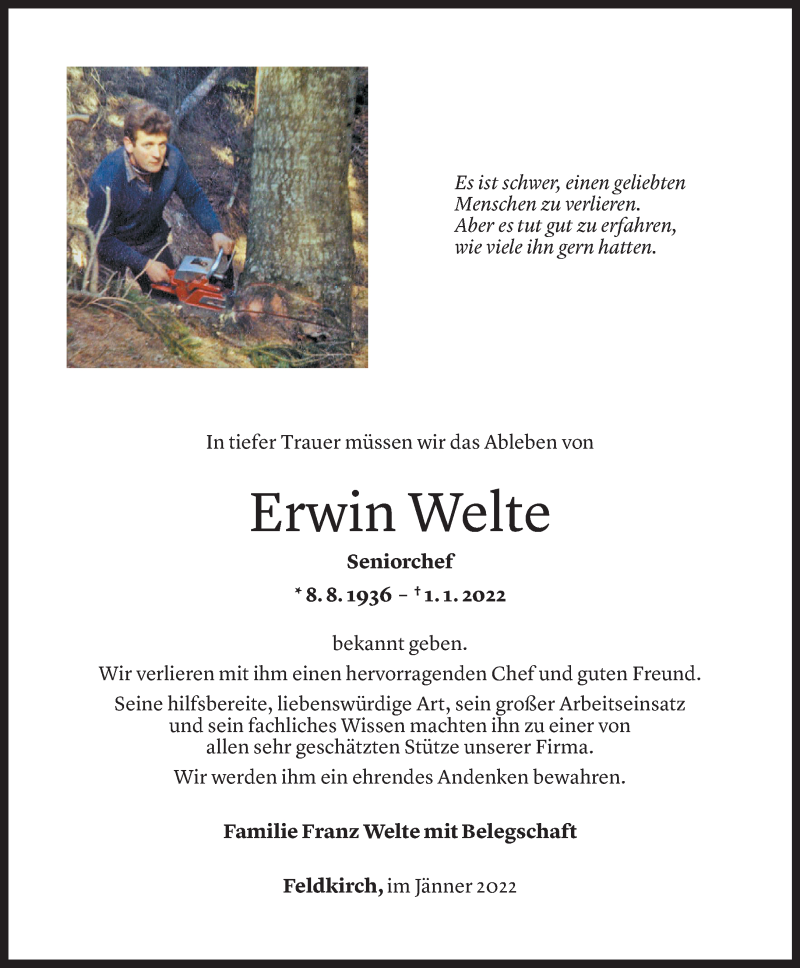  Todesanzeige für Erwin Welte vom 03.01.2022 aus Vorarlberger Nachrichten