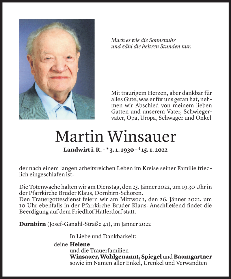  Todesanzeige für Martin Winsauer vom 21.01.2022 aus Vorarlberger Nachrichten