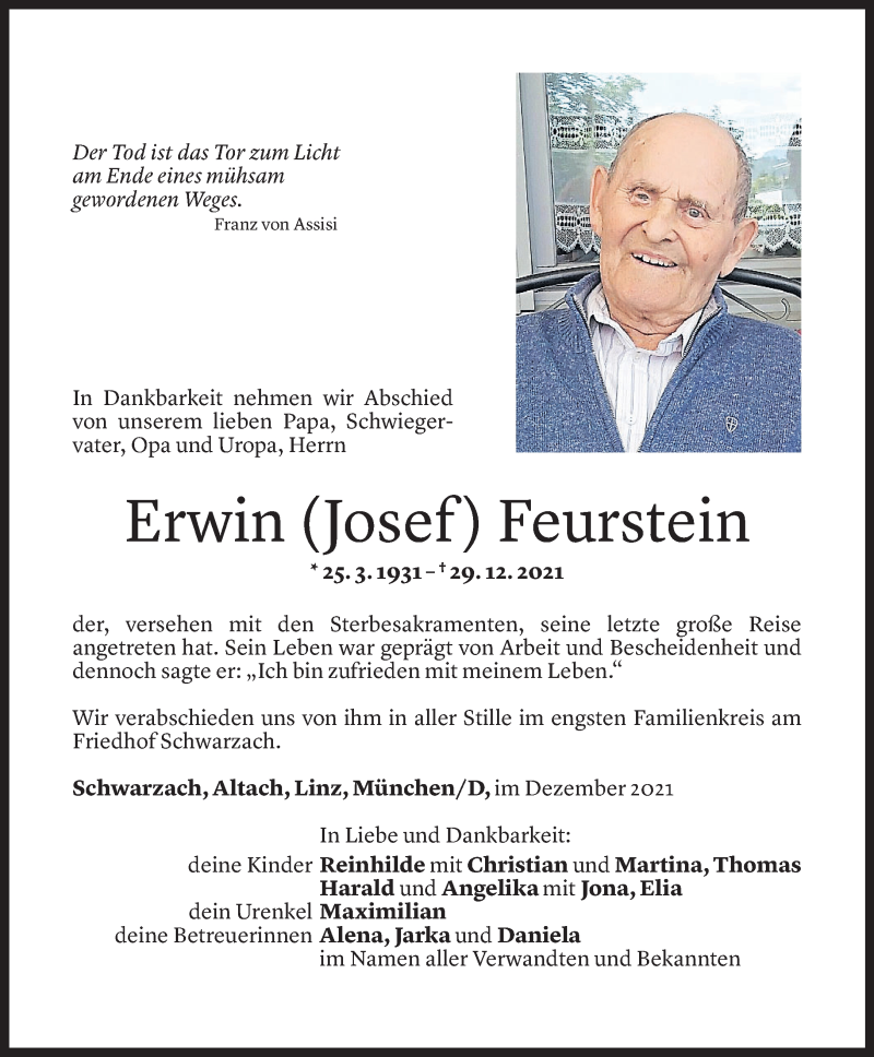  Todesanzeige für Erwin Feurstein vom 03.01.2022 aus Vorarlberger Nachrichten