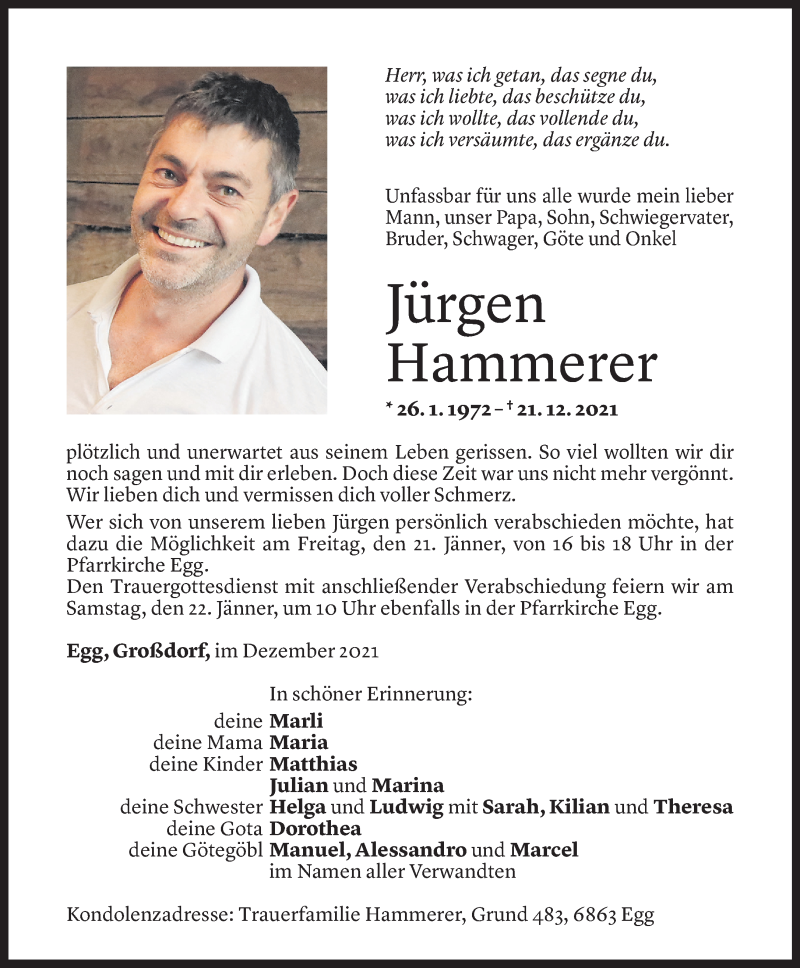 Todesanzeige für Jürgen Hammerer vom 18.01.2022 aus Vorarlberger Nachrichten