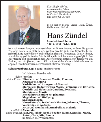 Todesanzeige von Hans Zündel von Vorarlberger Nachrichten