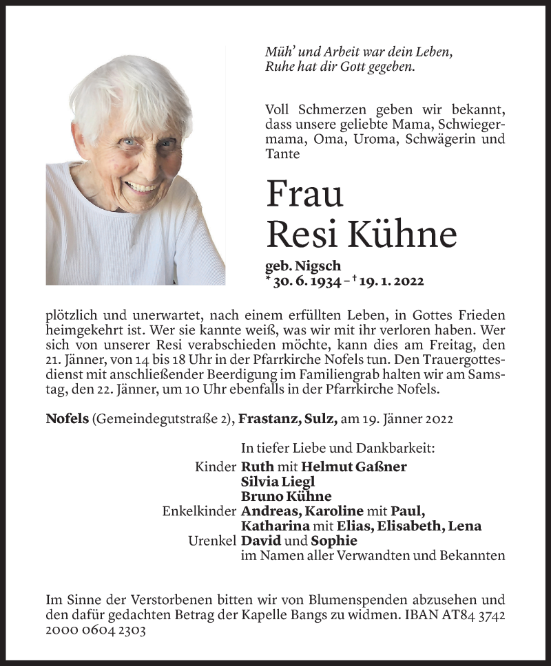  Todesanzeige für Theresia Kühne vom 20.01.2022 aus Vorarlberger Nachrichten