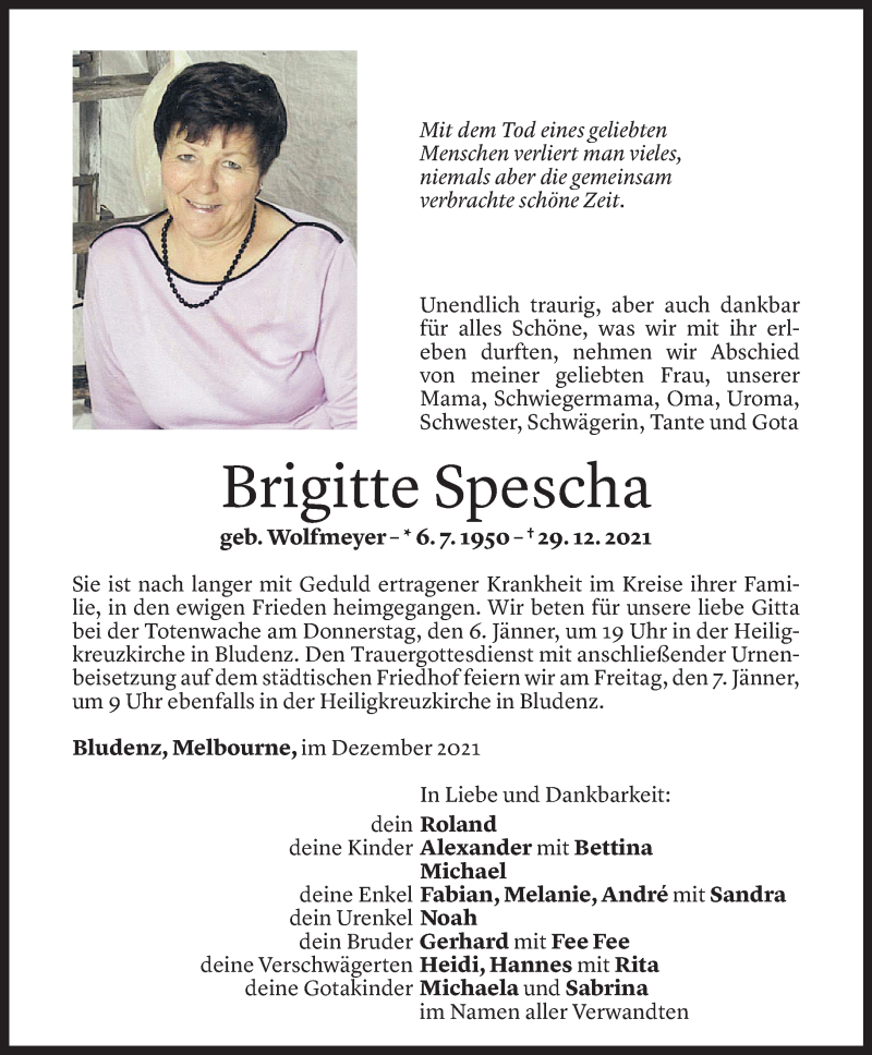  Todesanzeige für Brigitte Spescha vom 03.01.2022 aus Vorarlberger Nachrichten
