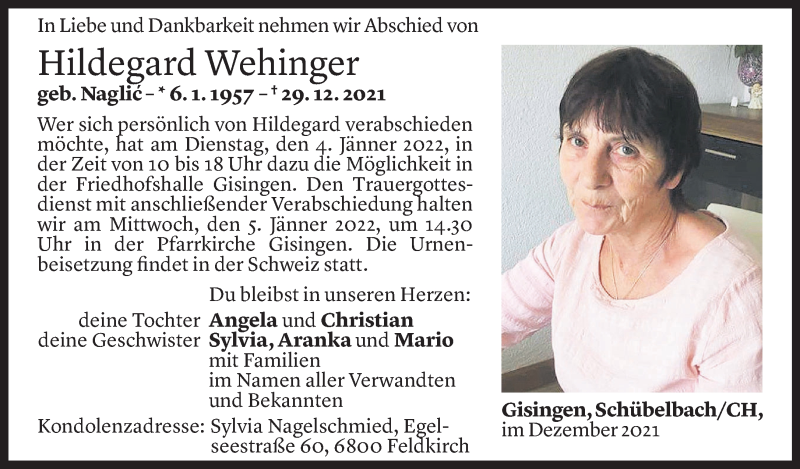  Todesanzeige für Hildegard Wehinger vom 03.01.2022 aus Vorarlberger Nachrichten