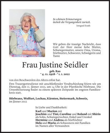 Todesanzeige von Justine Seidler von Vorarlberger Nachrichten
