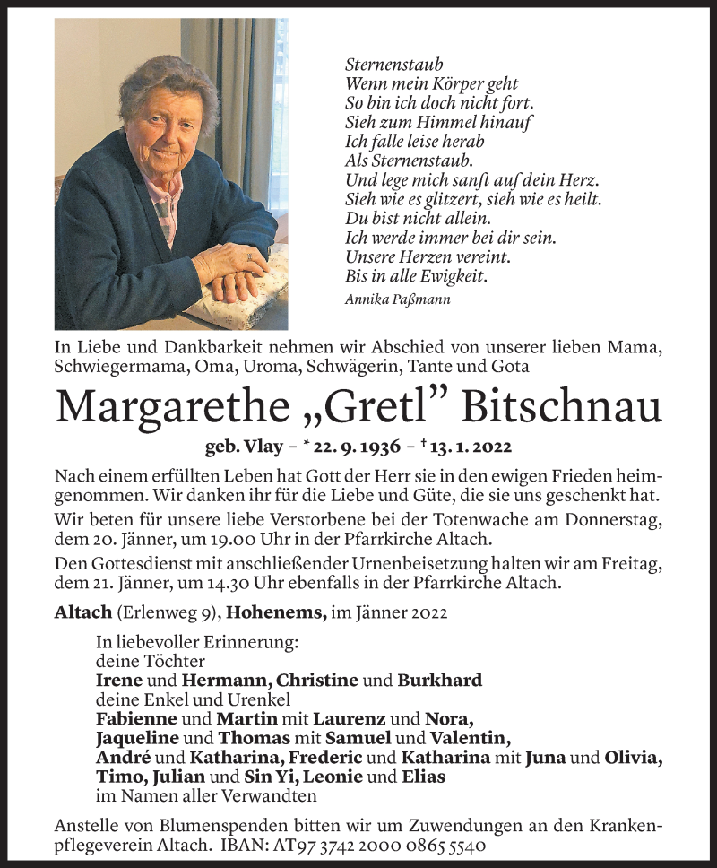  Todesanzeige für Margarethe Bitschnau vom 18.01.2022 aus Vorarlberger Nachrichten