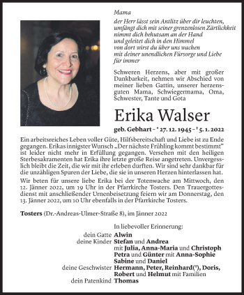 Todesanzeige von Erika Walser von Vorarlberger Nachrichten