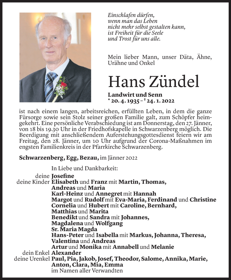  Todesanzeige für Hans Zündel vom 25.01.2022 aus Vorarlberger Nachrichten