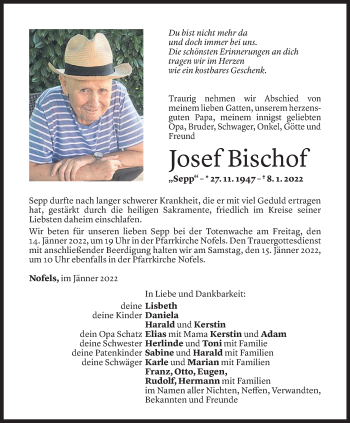 Todesanzeige von Josef Bischof von Vorarlberger Nachrichten