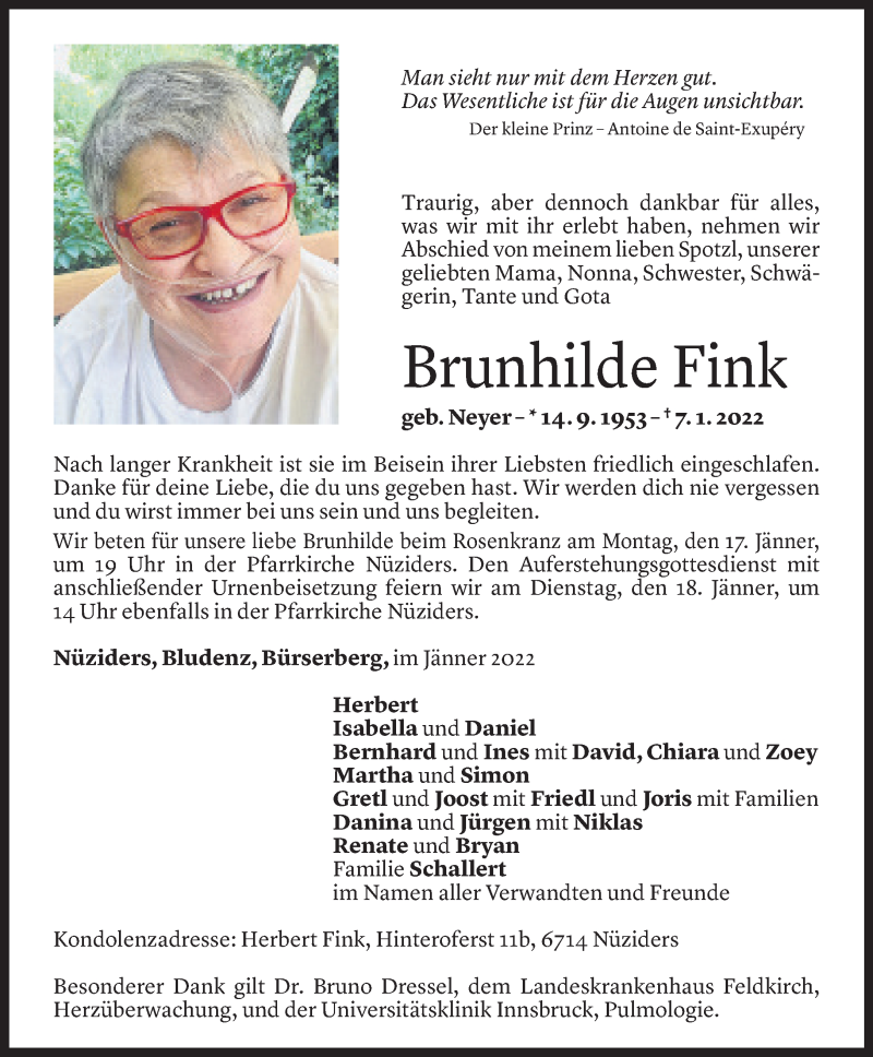  Todesanzeige für Brunhilde Fink vom 15.01.2022 aus Vorarlberger Nachrichten