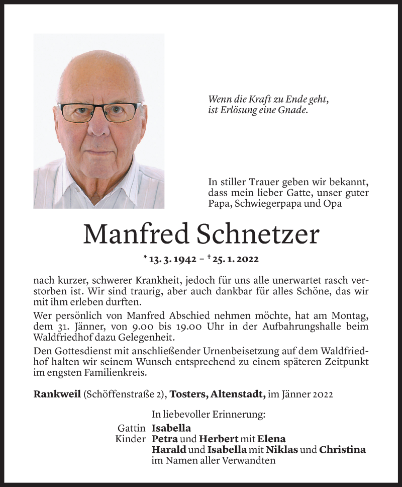  Todesanzeige für Manfred Schnetzer vom 29.01.2022 aus Vorarlberger Nachrichten