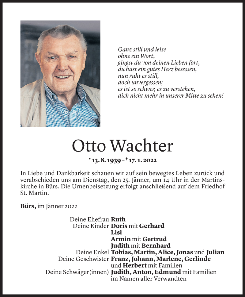  Todesanzeige für Otto Wachter vom 22.01.2022 aus Vorarlberger Nachrichten