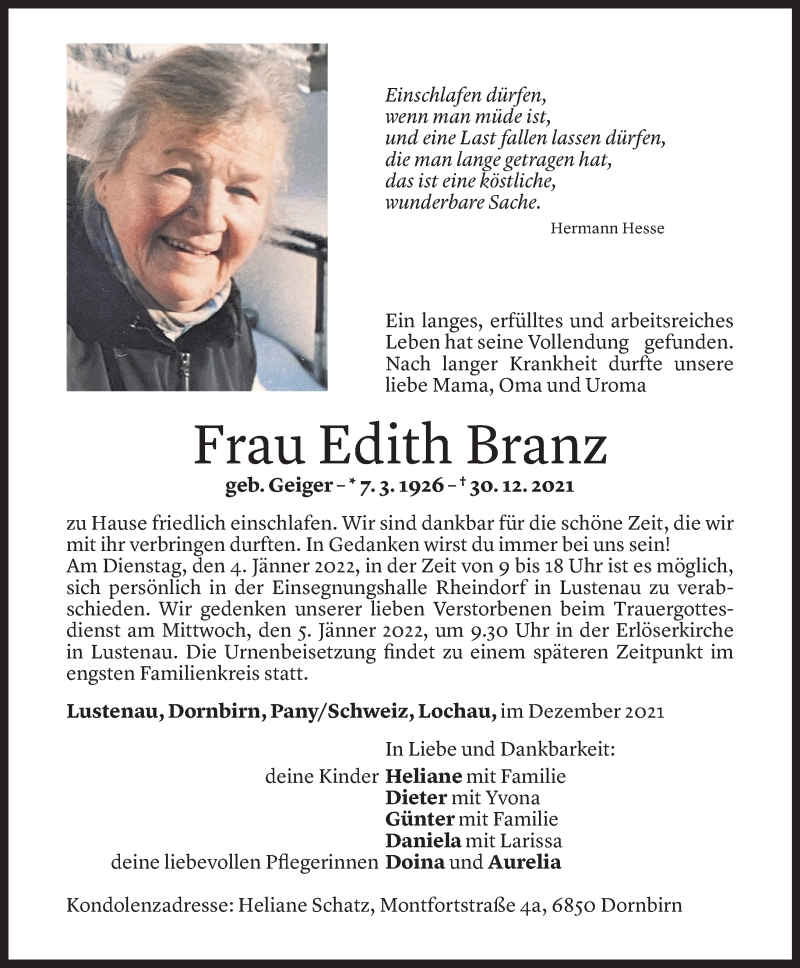  Todesanzeige für Edith Rosa Branz vom 03.01.2022 aus Vorarlberger Nachrichten