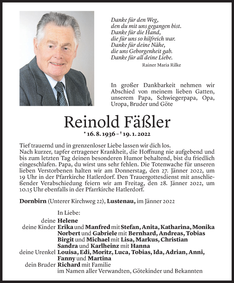  Todesanzeige für Reinold Fäßler vom 25.01.2022 aus Vorarlberger Nachrichten
