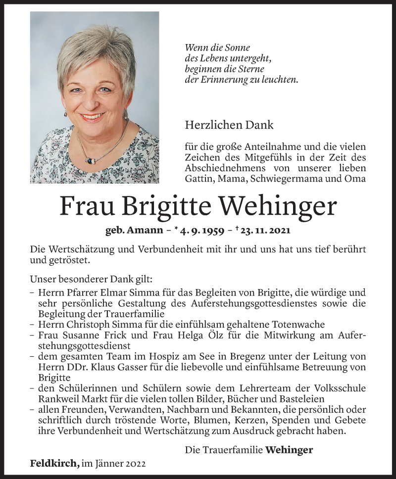  Todesanzeige für Brigitte Wehinger vom 15.01.2022 aus vorarlberger nachrichten