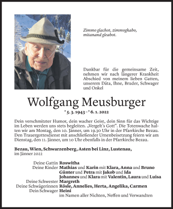 Todesanzeige von Wolfgang Meusburger von Vorarlberger Nachrichten