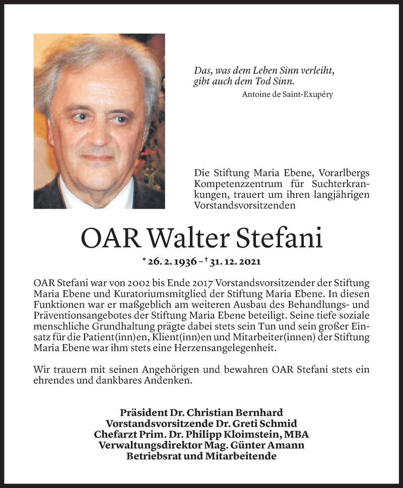  Todesanzeige für Walter Stefani vom 04.01.2022 aus Vorarlberger Nachrichten