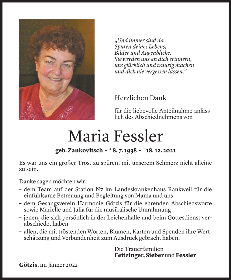  Todesanzeige für Maria Fessler vom 18.01.2022 aus Vorarlberger Nachrichten