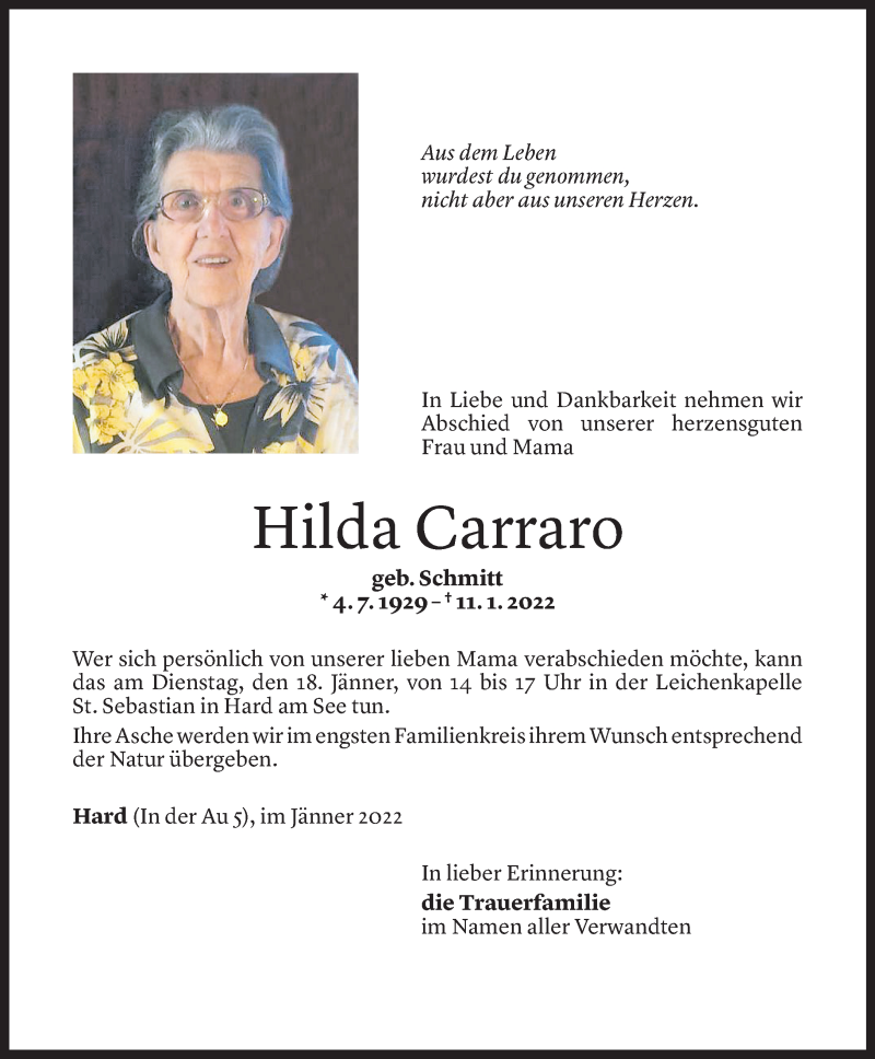  Todesanzeige für Hilda Carraro vom 14.01.2022 aus Vorarlberger Nachrichten