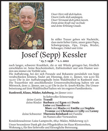 Todesanzeige von Josef Kessler von Vorarlberger Nachrichten