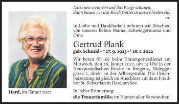 Todesanzeige von Gertrud Plank von Vorarlberger Nachrichten