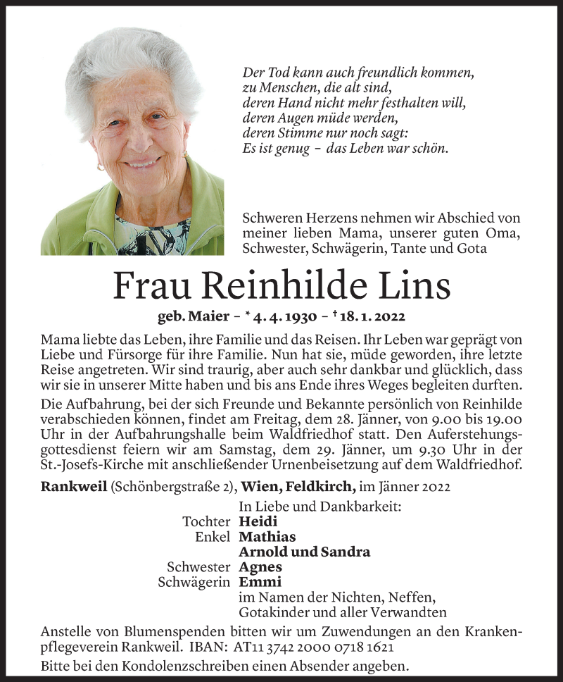  Todesanzeige für Reinhilde Lins vom 25.01.2022 aus Vorarlberger Nachrichten