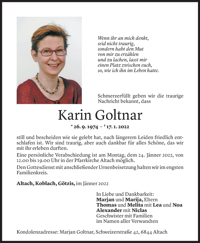 Todesanzeige für Karin Goltnar vom 22.01.2022 aus Vorarlberger Nachrichten