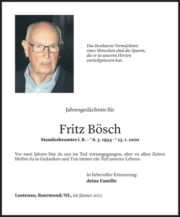 Todesanzeige von Fritz Bösch von Vorarlberger Nachrichten