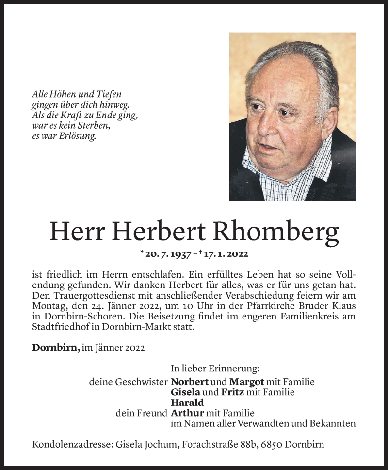  Todesanzeige für Herbert Rhomberg vom 21.01.2022 aus Vorarlberger Nachrichten