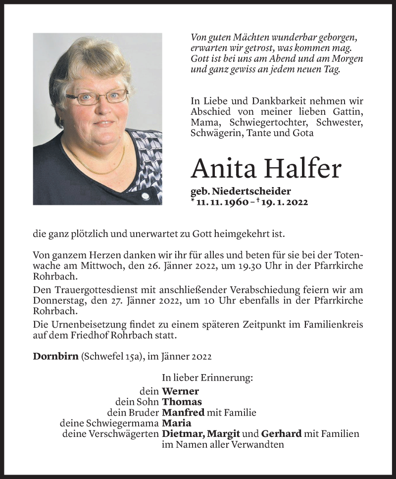  Todesanzeige für Anita Halfer vom 21.01.2022 aus Vorarlberger Nachrichten