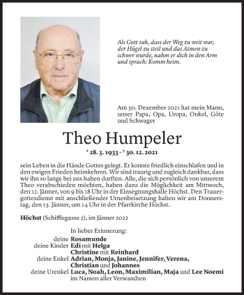 Todesanzeige von Theo Humpeler von Vorarlberger Nachrichten