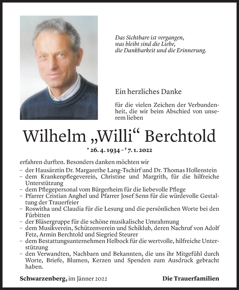  Todesanzeige für Wilhelm Berchtold vom 24.01.2022 aus Vorarlberger Nachrichten
