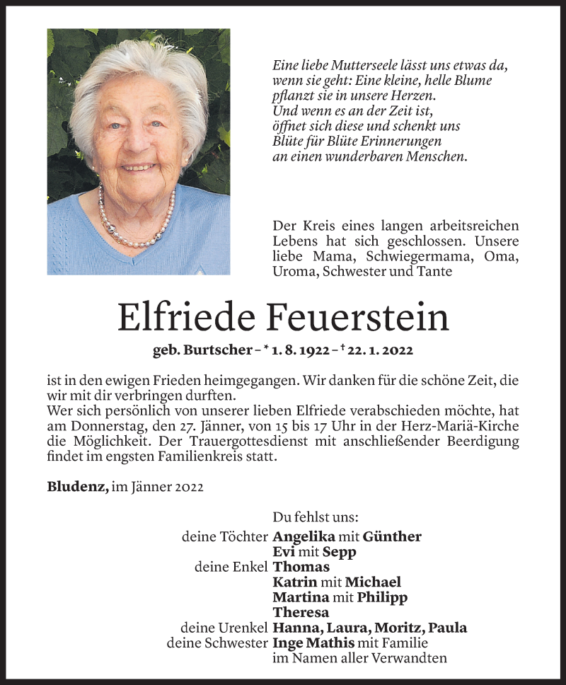  Todesanzeige für Elfriede Feuerstein vom 26.01.2022 aus Vorarlberger Nachrichten