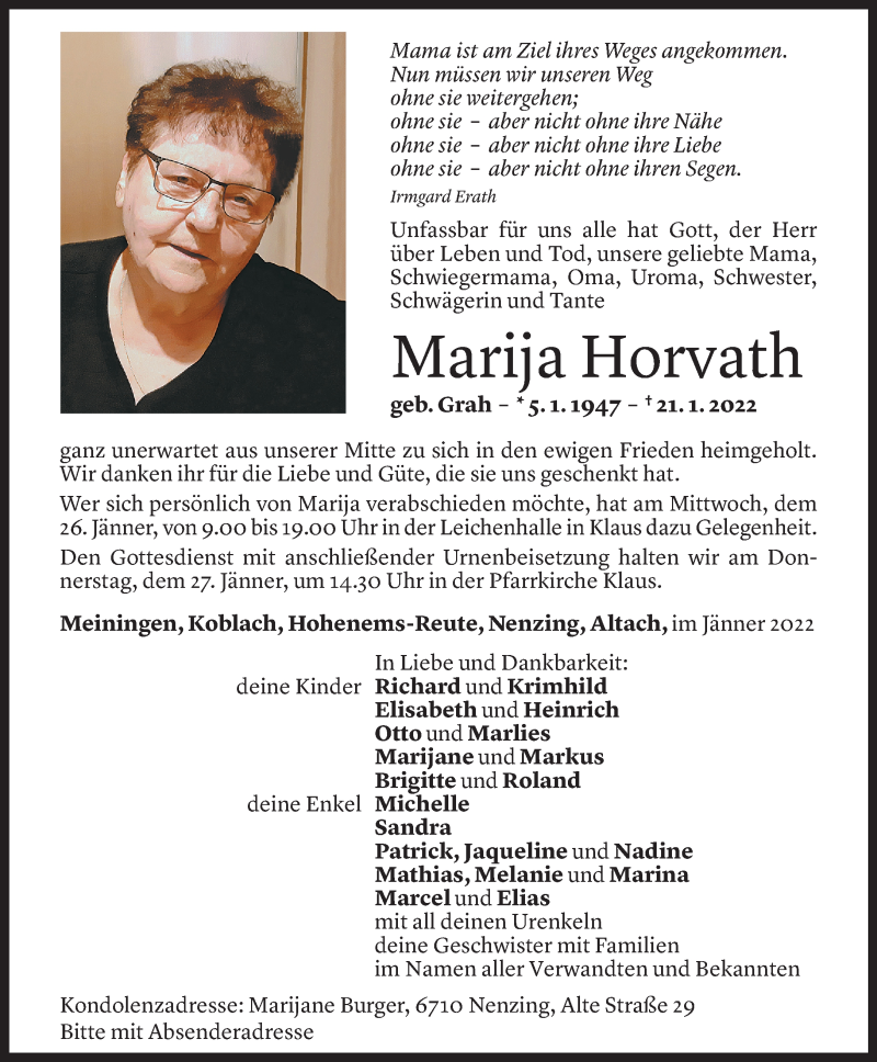  Todesanzeige für Marija Horvath vom 24.01.2022 aus Vorarlberger Nachrichten