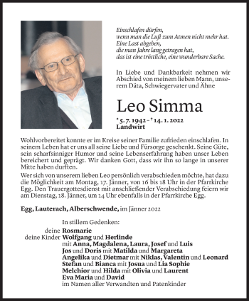 Todesanzeige von Leo Simma von Vorarlberger Nachrichten