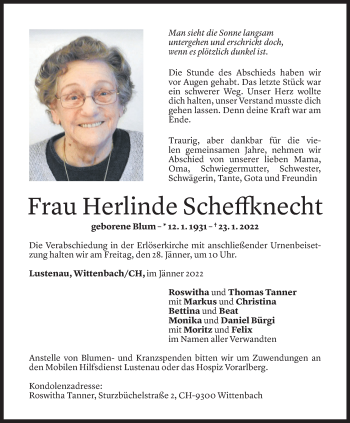 Todesanzeige von Herlinde Scheffknecht von Vorarlberger Nachrichten