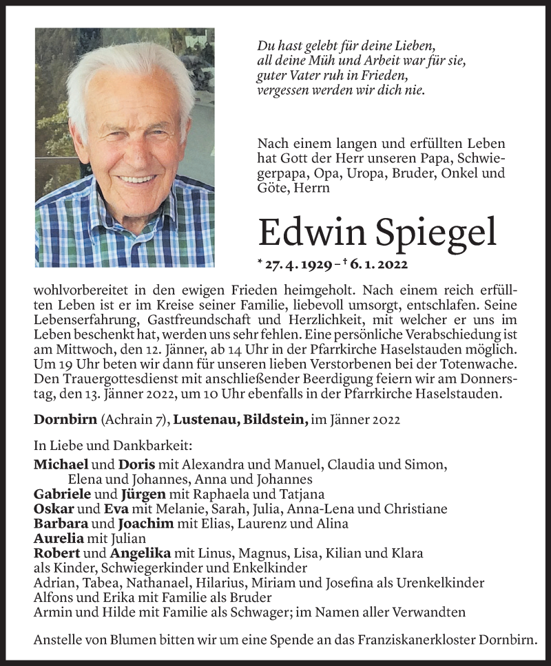  Todesanzeige für Edwin Spiegel vom 09.01.2022 aus Vorarlberger Nachrichten