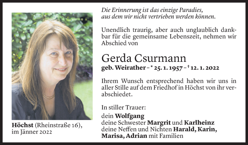  Todesanzeige für Gerda Csurmann vom 20.01.2022 aus Vorarlberger Nachrichten